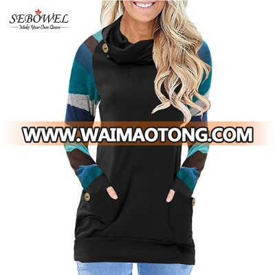 Multicolor Striped Sleeve with Pocket Cowl Neck Women Plain Sweatshirt