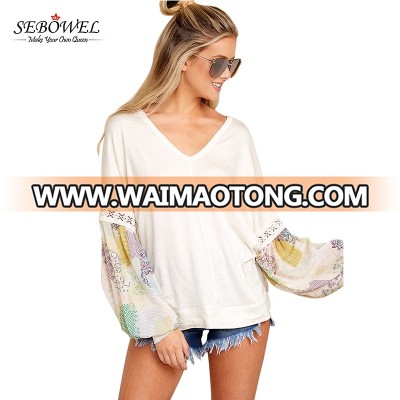 V Neck Printed Bubble Sleeve Splice Women White Tunic Tops